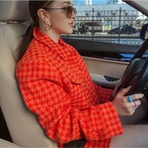 ZARA - Burnt Orange Tweed Houndstooth Cropped Jacket [WORN ONCE]